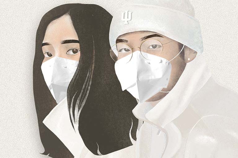 An illustration of a couple wearing all white with IU branded masks.